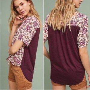 Anthropologie Porridge Tee Shirt Rose Pattern Pink Purple Blouse Shirt Size S